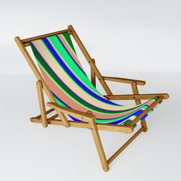 [ Thumbnail: Green, Beige, Dark Salmon, Blue & Dark Green Colored Striped/Lined Pattern Sling Chair ]