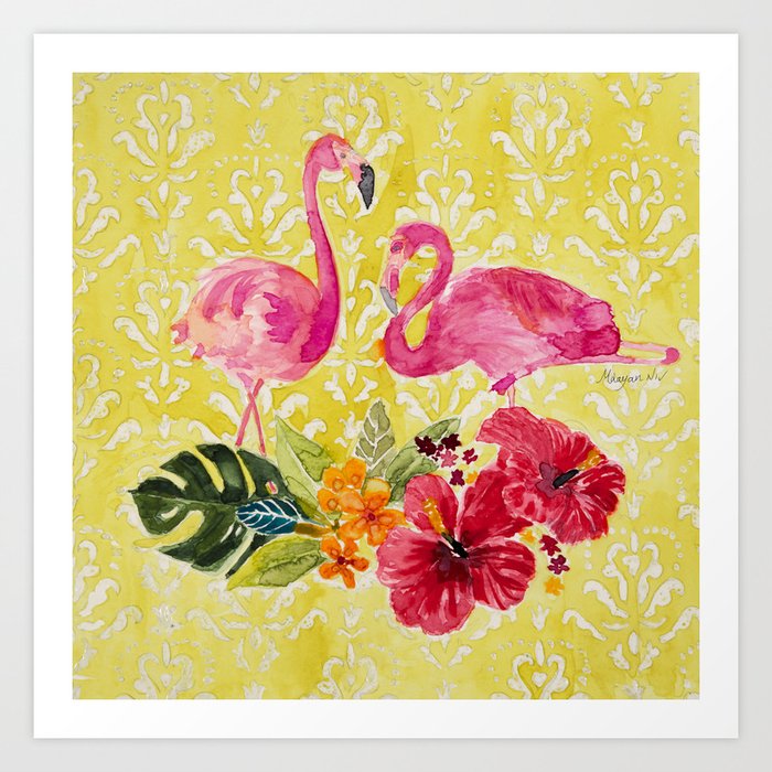 Flamingos On Damask Pattern Art Print