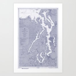 Puget Sound Washington State Nautical Chart Map Print 1956 Blue, Map Art Prints Art Print