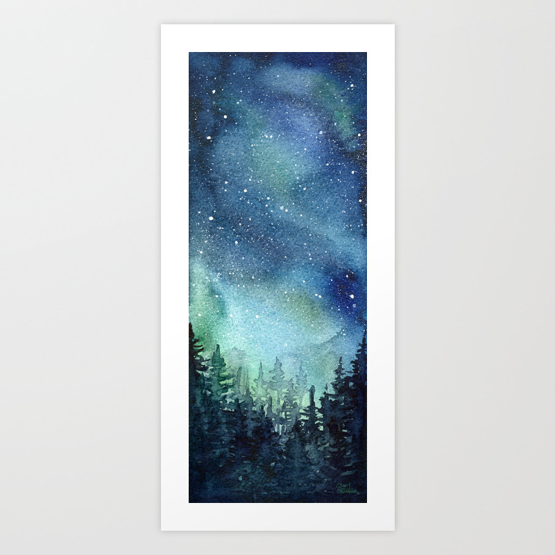 Galaxy Watercolor Aurora Borealis Painting Art Print By Olechka