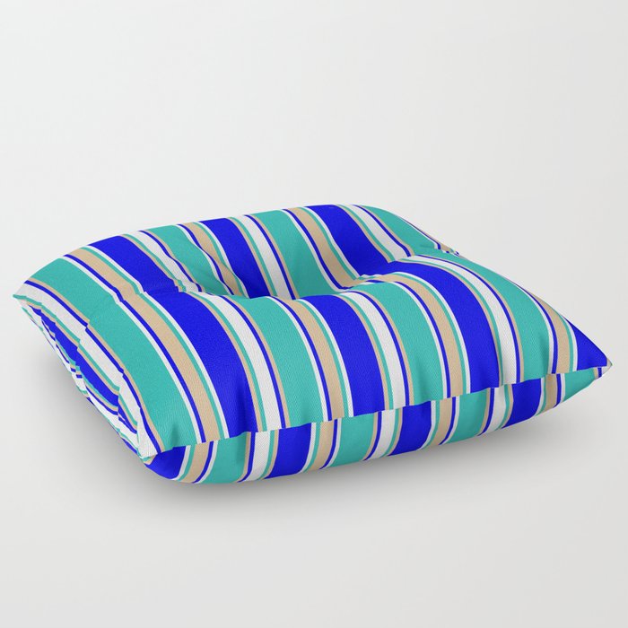 Blue, Tan, Light Sea Green, and White Colored Striped Pattern Floor Pillow