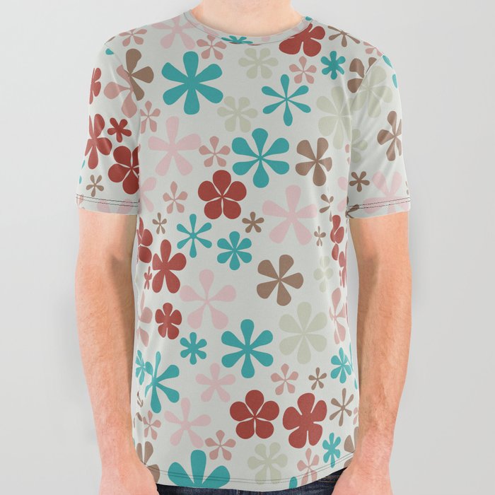 teal green and ecru eclectic daisy print ditsy florets All Over Graphic Tee