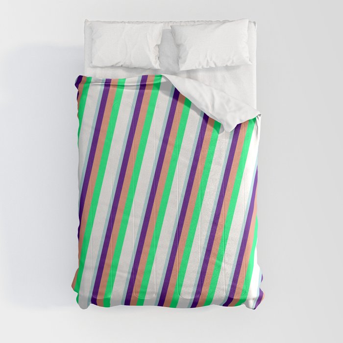 Powder Blue, Indigo, Dark Salmon, Green, and White Colored Pattern of Stripes Comforter