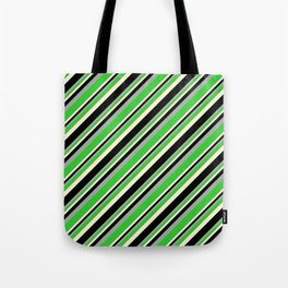 [ Thumbnail: Dark Grey, Lime Green, Light Yellow, and Black Colored Pattern of Stripes Tote Bag ]