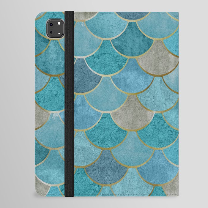 Moroccan Fish Scale Mermaid Pattern, Teal Blue and Gold iPad Folio Case