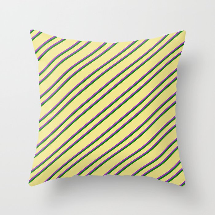 Tan, Dark Orchid & Green Colored Lined/Striped Pattern Throw Pillow