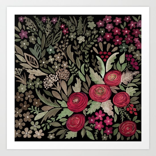 Watercolor . Night garden . Art Print