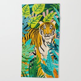 Only 3890 Tigers Left, Wildlife Vibrant Tiger Painting, Jungle Nature Colorful Illustration Beach Towel