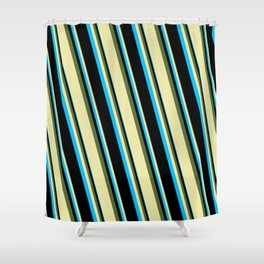 [ Thumbnail: Dark Olive Green, Pale Goldenrod, Deep Sky Blue, and Black Colored Pattern of Stripes Shower Curtain ]