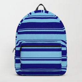 [ Thumbnail: Blue and Sky Blue Colored Stripes/Lines Pattern Backpack ]