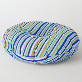 [ Thumbnail: Turquoise, Blue, Light Gray & Dark Goldenrod Colored Pattern of Stripes Floor Pillow ]