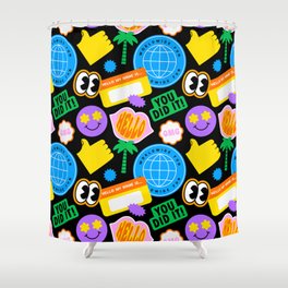 Retro smiley face emoji colorful sticker label seamless pattern Shower Curtain