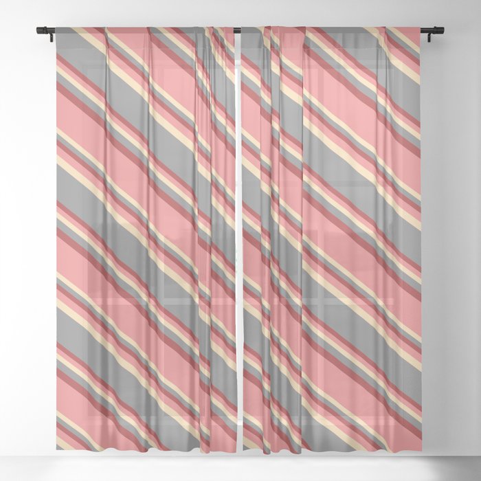 Light Coral, Tan, Gray & Brown Colored Striped Pattern Sheer Curtain