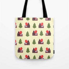 Cute House And Christmas Tree Print Beige Pattern Tote Bag