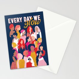 Every day we glow International Women's Day // midnight navy blue background pastel and fuchsia pink coral vivid red and gold humans  Stationery Card