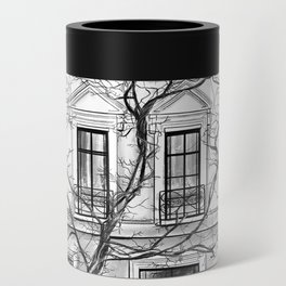 Black and White Tree and Townhome Can Cooler