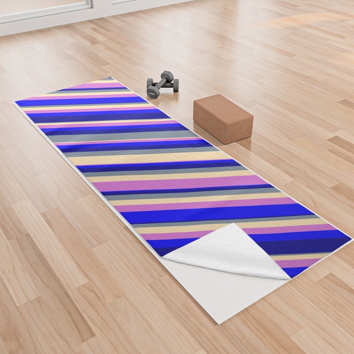 Light Slate Gray, Beige, Orchid, Blue & Dark Blue Colored Striped Pattern Yoga Towel