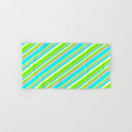 [ Thumbnail: Light Yellow, Green, Light Pink, and Cyan Colored Striped/Lined Pattern Hand & Bath Towel ]