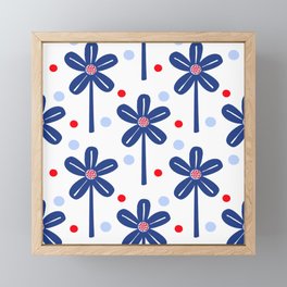 Windmill Flowers Red White And Blue USA Flag Colors Independence Day July 4th Picnic Party Celebration Retro Modern Scandi Half-Drop Daisy Garden And Polka Dot 70’s Floral Pattern Framed Mini Art Print
