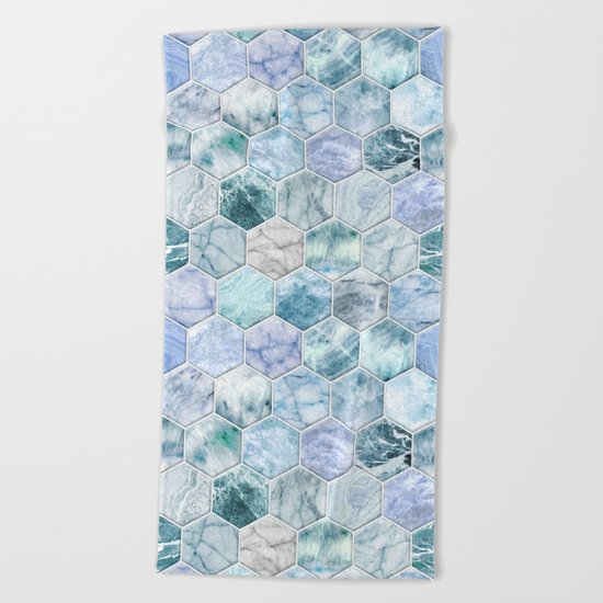 Ice Blue and Jade Stone and Marble Hexagon Tiles Beach Towel