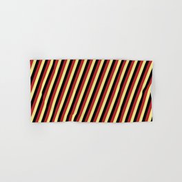 [ Thumbnail: Red, Tan, and Black Colored Stripes Pattern Hand & Bath Towel ]
