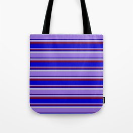 [ Thumbnail: Grey, Purple, Maroon & Blue Colored Lined/Striped Pattern Tote Bag ]