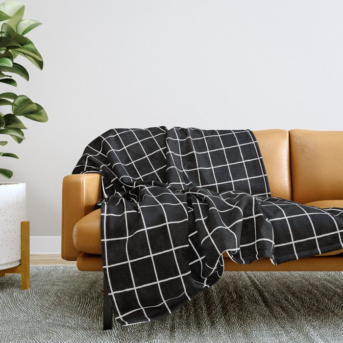 Black Grid White Lines Black Aesthetic Throw Blanket by