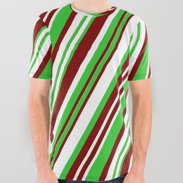 [ Thumbnail: Maroon, White, and Lime Green Colored Striped/Lined Pattern All Over Graphic Tee ]
