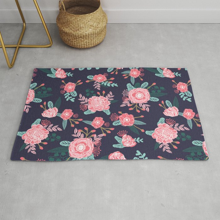 Peony floral bouquet navy pink bright happy flowers dorm college office decor must have pattern Rug