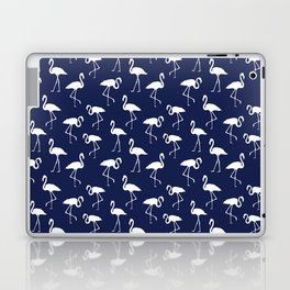 White flamingo silhouettes seamless pattern on navy blue background Laptop Skin