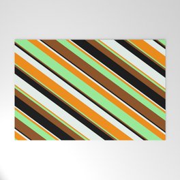 [ Thumbnail: Eyecatching Mint Cream, Dark Orange, Green, Brown, and Black Colored Lines/Stripes Pattern Welcome Mat ]