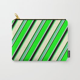 [ Thumbnail: Lime, Aquamarine, Light Yellow & Black Colored Lined Pattern Carry-All Pouch ]