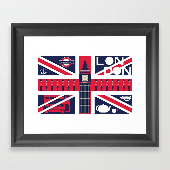 Vintage Union Jack UK Flag with London Decoration Framed Art Print