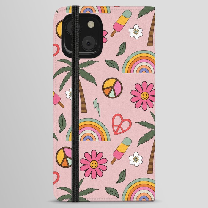 Retro Summer Rainbows Smiling Flowers Beach Pattern iPhone Wallet Case