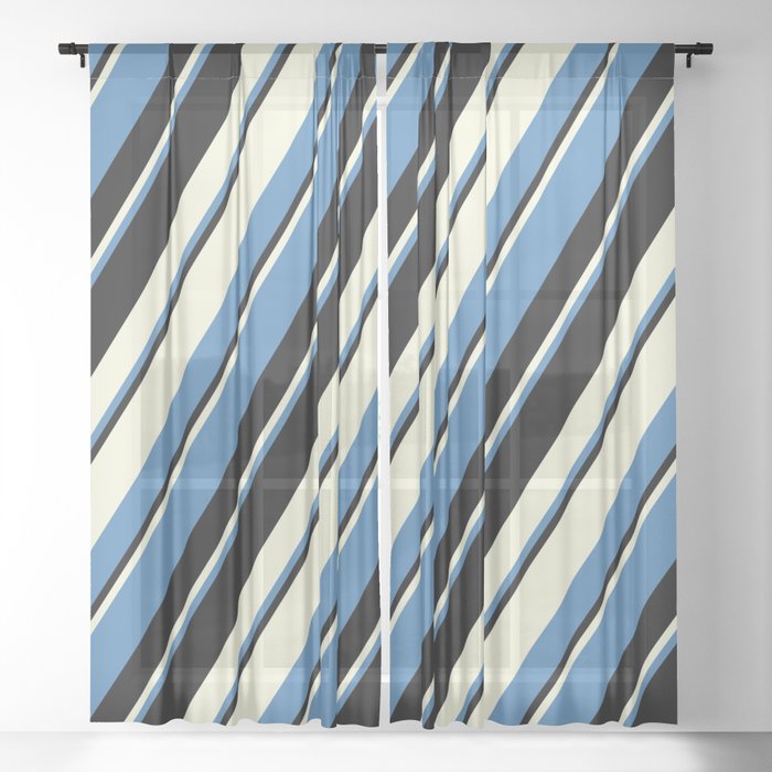 Beige, Blue & Black Colored Pattern of Stripes Sheer Curtain