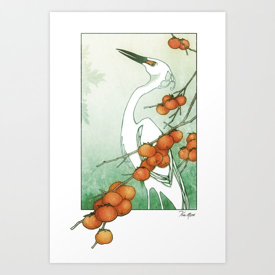 Egret and Persimmons Art Print