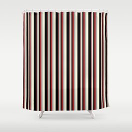 [ Thumbnail: Red, Dark Gray, Beige & Black Colored Lines/Stripes Pattern Shower Curtain ]