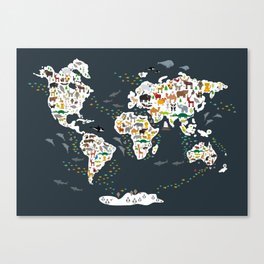 Cartoon animal world map for children, kids, Animals from all over the world, back to school, gray Canvas Print