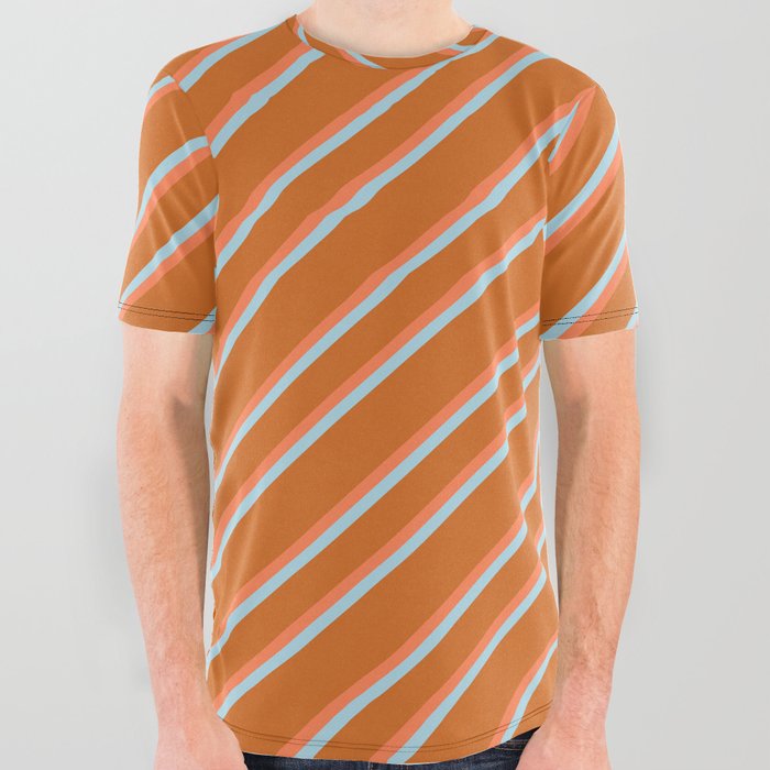 Chocolate, Coral & Light Blue Colored Lines/Stripes Pattern All Over Graphic Tee