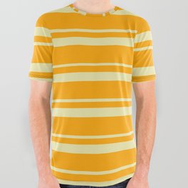 [ Thumbnail: Pale Goldenrod and Orange Colored Lines/Stripes Pattern All Over Graphic Tee ]