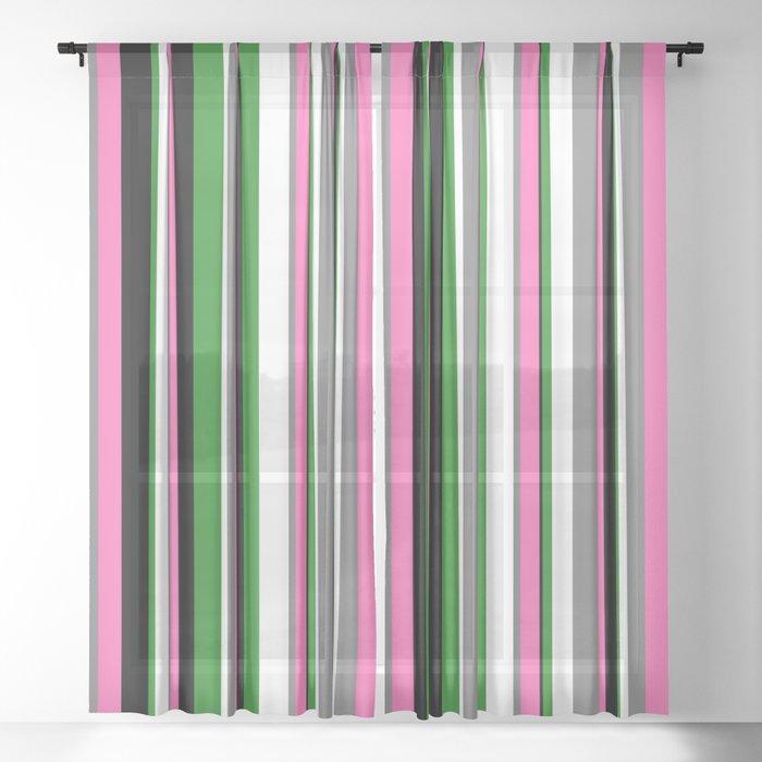 Eyecatching Black, Hot Pink, Gray, White, and Forest Green Colored Stripes/Lines Pattern Sheer Curtain
