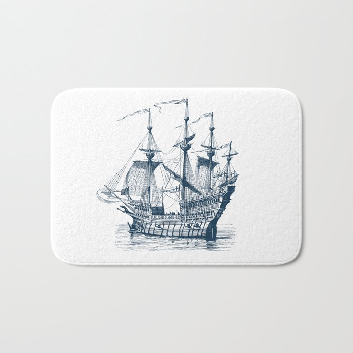 Blue vintage nautical wind sailing boat Bath Mat