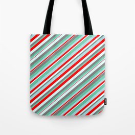 [ Thumbnail: Eyecatching Aquamarine, Powder Blue, Red, Light Cyan, and Gray Colored Lines Pattern Tote Bag ]