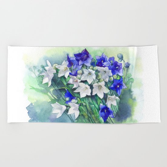 Campanula watercolor flowers, aquarelle bellflowers Beach Towel