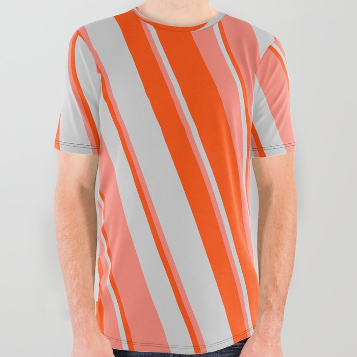 Red, Light Grey & Salmon Colored Striped/Lined Pattern All Over Graphic Tee