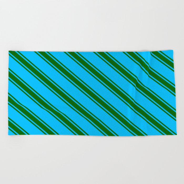 Deep Sky Blue & Dark Green Colored Stripes/Lines Pattern Beach Towel