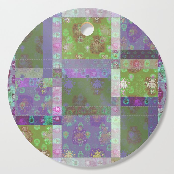 Lotus flower purple and lime green stitched patchwork - woodblock print style pattern Cutting Board