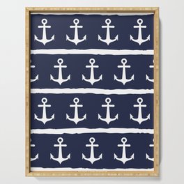 Nautical Navy Blue White Anchors Stripes Serving Tray