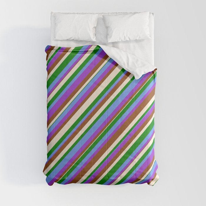 Colorful Cornflower Blue, Dark Orchid, Brown, Beige & Green Colored Lined/Striped Pattern Comforter