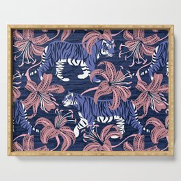 Tigers in a tiger lily garden // textured navy blue background very peri wild animals carissma pink flowers Serving Tray